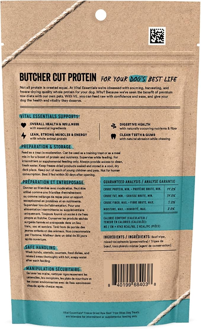 Vital Essentials Freeze Dried Dog Treats | Beef Tripe Bites, Single Protein | Premium Quality | Grain Free Training Treats for Dogs, 2.3 oz Bag