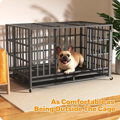 Hiwokk 38 Inch Heavy Duty Dog Crate, Indestructible Escape-Proof Dog Kennel for High Anxiety Large Dogs, Strong Metal Pet Cage with Double Doors, Lockable Wheels & Removable Tray, XL XXL XXXL