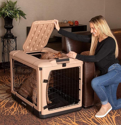 Pet Gear “The Other Door” 4 Door Steel Crate for Dogs/Cats with Garage-Style Door, Includes Plush Bed + Travel Bag, No Tools Required, New Tan, 36 Inch
