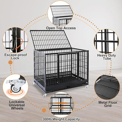 Homey Pet 47 Inch Heavy Duty Dog Crate for Large Dogs, Stackable & Indestructible Dog Cage for High Anxiety Dogs with Four Lockable Wheels, Two Removable Trays, Escape Proof Dog Kennel Indoor