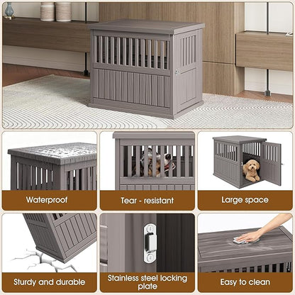 Bifanuo Dog House 30-Inch Dog Crate Furniture, Heavy Duty Dog Crate for Small Dog, Lockable Indoor Outdoor Dog Kennel & End Table, Decorative Plastic Pet Cage (Grey)