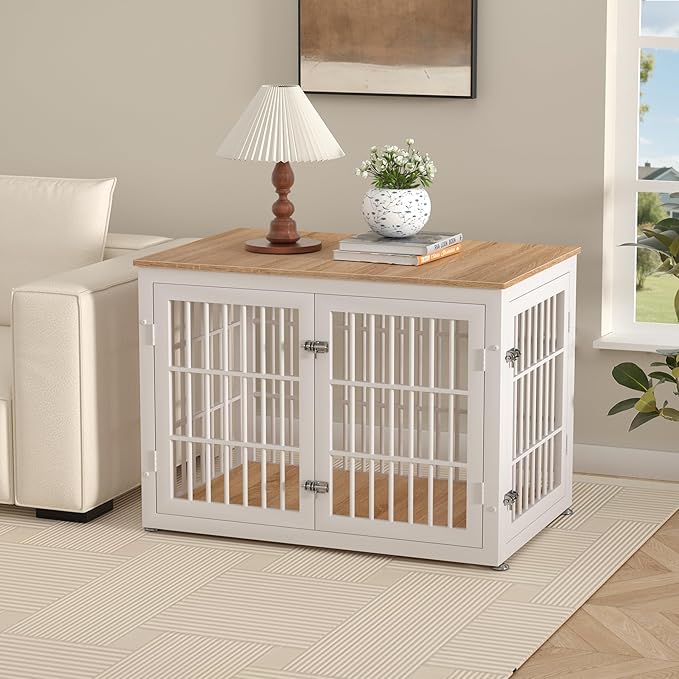 rehomerance 38 Inch Heavy Duty Dog Crate Furniture for Large and Medium Dogs, Decorative Pet House End Table, Wooden Cage Kennel Furniture Indoor, Natural and White