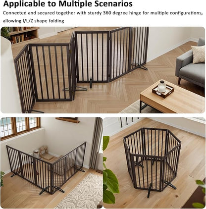 Dog Gate for Doorways 32" Tall Freestanding Dog Gate for Stair Foldable Pet Gate for Dogs Indoor (Brown,6 Panel)