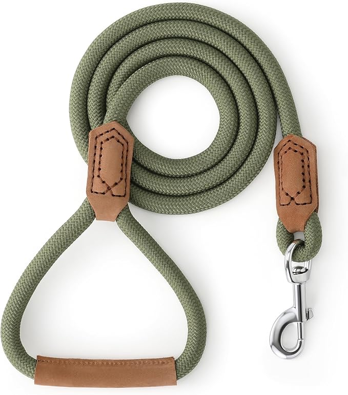Mile High Life Leather Dog Leash, Heavy Duty Strong Genuine Leather Handle Rope Leash Soft and Comfortable for Small Medium Large Dogs (Olive Green, 60 Inch)