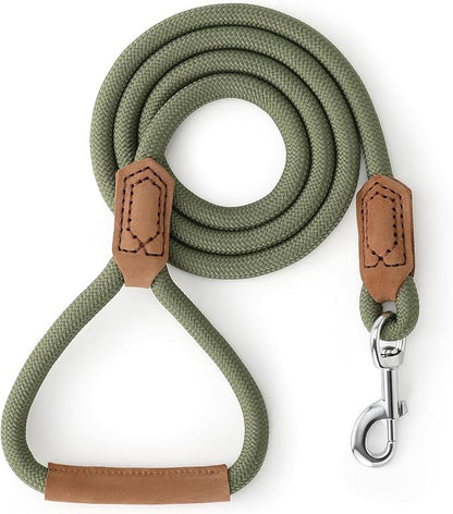 Mile High Life Leather Dog Leash, Heavy Duty Strong Genuine Leather Handle Rope Leash Soft and Comfortable for Small Medium Large Dogs (Olive Green, 72 Inch)