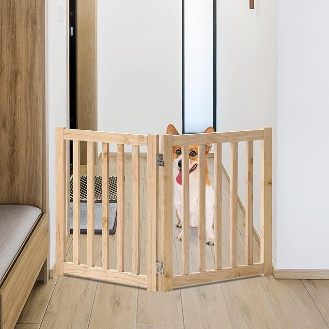 LZRS 2-Panel Wooden Free Standing Foldable Dog Gate Indoor – Solid Hardwood 24" High, Step-Over Safety Pet Gate for Doorways, Stairs & Small Spaces - Indoor Use, Natural