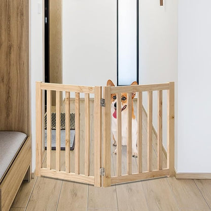 LZRS 2-Panel Wooden Free Standing Foldable Dog Gate Indoor – Solid Hardwood 24" High, Step-Over Safety Pet Gate for Doorways, Stairs & Small Spaces - Indoor Use, Natural