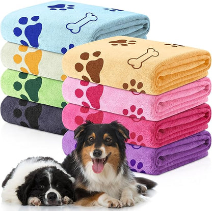 Chumia 8 Pcs Dog Towels for Drying Dogs Cats Pet Towels Bulk Puppy Microfiber Fast Drying Paw Bath Bathing Supplies Absorbent for Medium Pets(40 x 24 Inch,Dog Paw and Bone,Sweet Color)
