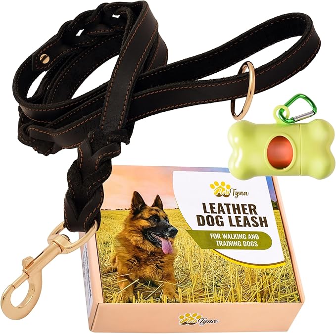 ADITYNA - Double Handle Leather Dog Leash 6ft - Heavy Duty Braided Dog Leash with Traffic Handle - Lead for Training and Walking Medium Large Breeds (Black, Two Handles 6 Foot x 5/8")