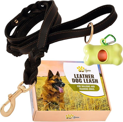 ADITYNA - Double Handle Leather Dog Leash 6ft - Heavy Duty Braided Dog Leash with Traffic Handle - Lead for Training and Walking Medium Large Breeds (Black, Two Handles 6 Foot x 5/8")