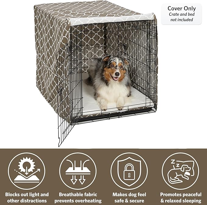 MidWest Homes for Pets Large Dog Crate Cover with Teflon Fabric Protector, Poly-Cotton Privacy Kennel Cover Fits Most 42-inch Crates, Brown Designer Print, Washable, Reduces Barking, CVR42T-BR