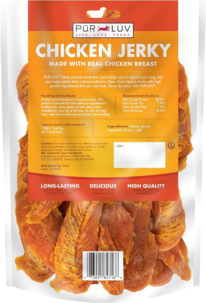 Pur Luv Chicken Jerky Dog Treats, Made with 100% Real Chicken Breast, 32 Ounces, Healthy, Easily Digestible, Long-Lasting, High Protein, Satisfies Dog's Urge to Chew