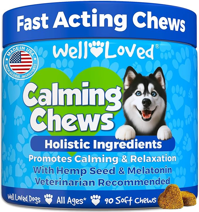 Well Loved Calming Chews for Dogs - Dog Calm Treats, Made in USA, Vet Developed, Behavior Support, Stress, Separation, Fireworks, Travel, Melatonin, Natural & Holistic, 90 Count