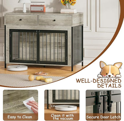 PUKAMI 44inch Large Dog Crate Furniture with Drawers, Wooden Dog Kennel Furniture for Indoor use, Grey End Table Dog House, for Small/Medium/Large Dog, 2-Pack Set