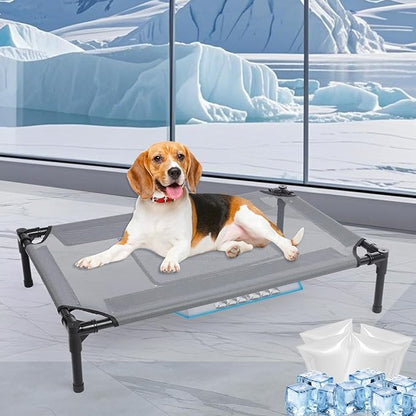 34'' Outdoor Elevated Dog Bed with Four Ice Pack, Raised Dogs Bed Small Medium Size Dogs, Breathable Cooling Dog Cot Beds with No-Slip Feet, Outdoor Pet Hammock Beds, Outside Pet Beds(Small)