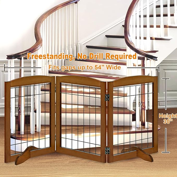 LZRS 3-Panel Freestanding Adjustable Wooden Dog Gate—30" Tall Foldable Pet Barrier with Support Feet, Chew-Resistant Solid Hardwood & Steel Wire Safety Fence for Doorways, Hallways, and Stairs, Cherry