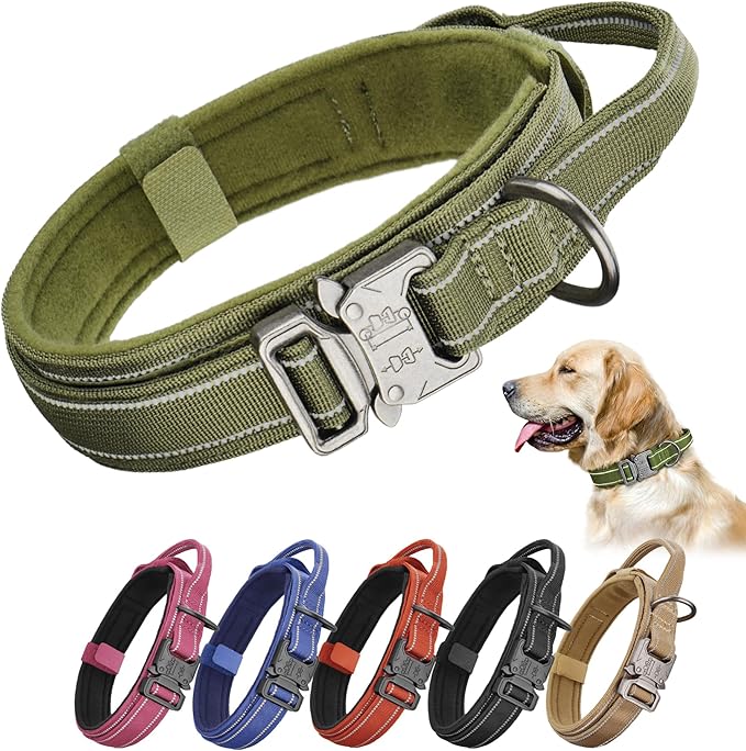 KCUCOP Tactical Dog Collar for Medium & Large Dogs - Military Nylon Heavy Duty Collar with Handle, Reflective Strip & Metal Buckle for Training, Outdoor (Green Reflective, XLarge)