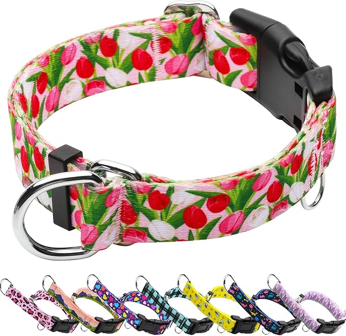 Martingale Collar for Dogs with Buckle Floral No Pull Adjustable Nylon Limited Slip Training Dog Collars (Pink Tulip, Medium)