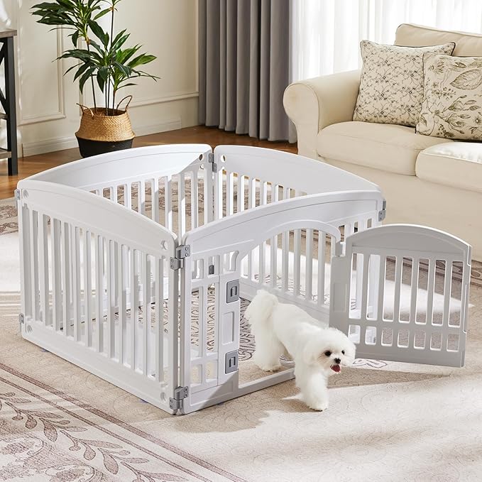Sweetcrispy Plastic Dog Playpen - 4-Panel 24" Expandable & Durable Pet Fence for Medium Dogs - Indoor & Outdoor Portable Puppy Playpen with Secure Locking Door - Morden White