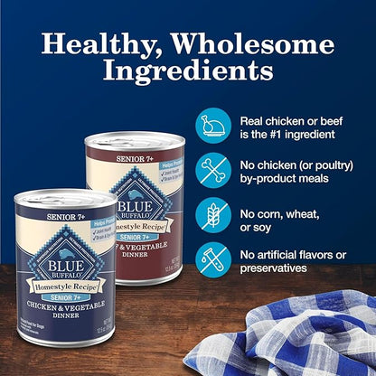 Blue Buffalo Homestyle Recipe Senior Wet Dog Food, Made with Natural Ingredients, Beef Dinner and Chicken Dinner, Variety Pack, (12.5-oz Cans, 3 of Each Flavor)