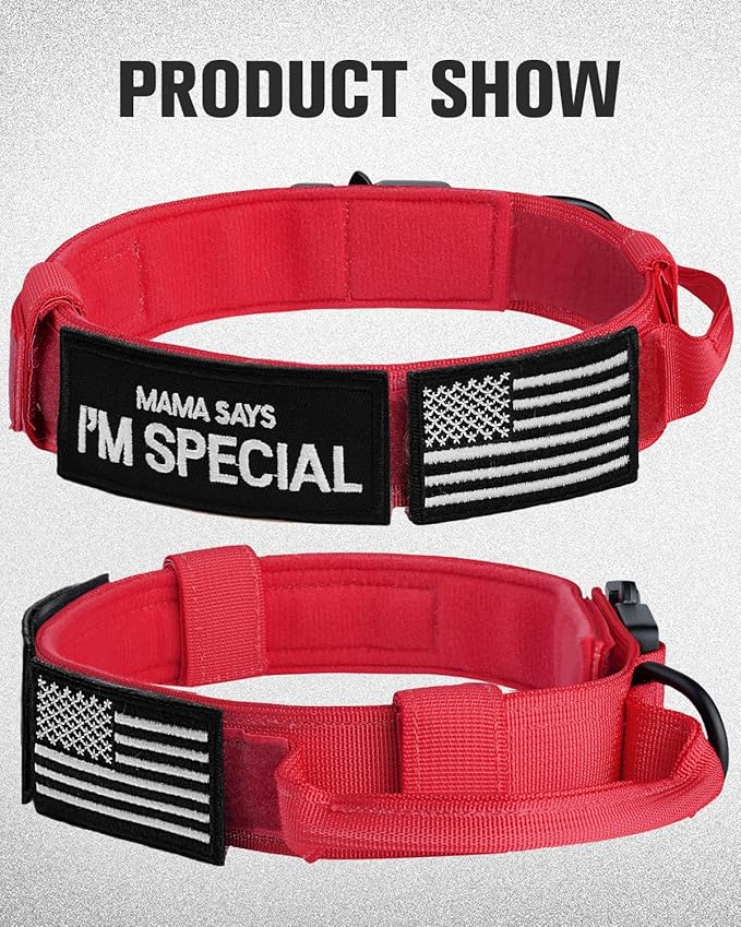 Joytale Tactical Dog Collar with Handle and Metal Buckle, Heavy Duty Padded Military Collar with 2 Patches for Training, Adjustable for Medium Dogs, Red, M