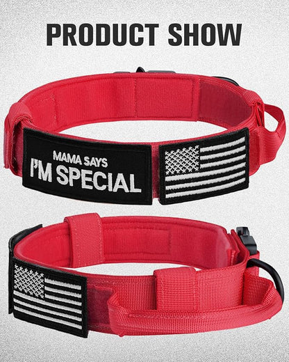 Joytale Tactical Dog Collar with Handle and Metal Buckle, Heavy Duty Padded Military Collar with 2 Patches for Training, Adjustable for Medium Dogs, Red, M