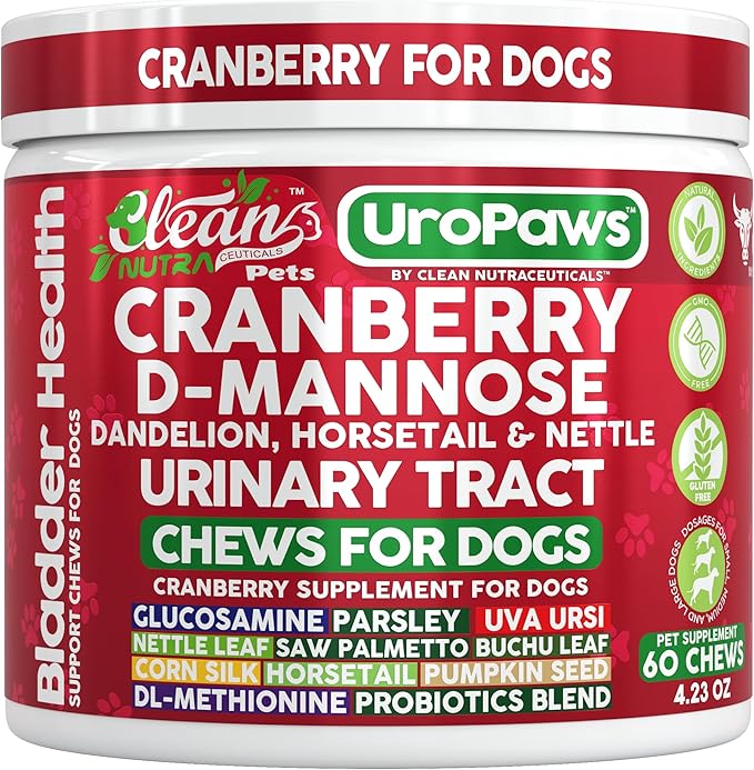 Dog UTI Treatment | Cranberry for Dogs | Urinary Tract Bladder Control | D-Mannose Dandelion Glucosamine HCL Marshmallow Nettle Leaf Saw Palmetto Uva Ursi Horsetail Beef Flavor by Clean Nutra Pets