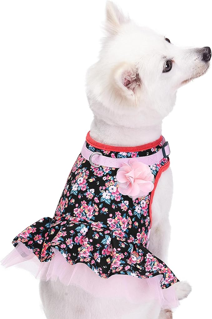 Blueberry Pet New Soft & Comfy Made Well Elegant Floral No Pull Mesh Puppy Dog Costume Harness Dress in Sleek Black, Chest Girth 14"-16", X-Small, Adjustable Harnesses for Dogs