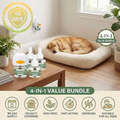 4-Pack Dog Calming Diffuser Kit (1 Diffuser + 3 Refills), Plug-in Pheromone Calming Diffuser for Dog, 90-Day Supply, Covers 700 sq ft, Safe & Odorless Stress Relief Solution, Promotes Relaxed Behavior