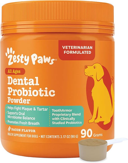 Zesty Paws Probiotic Dental Powder for Dogs Teeth - Fights Plaque, Tartar & Bad Dog Breath - Dog Breath Freshener Powder for Oral Microbiome & Gut Health - Pet Supplement for Teeth & Gums