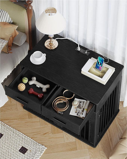 Hzuaneri 39.4'' Large Dog Crate Furniture with 2 Storage Drawers, Heavy Duty Dog Kennel Indoor with Charging Station, Wooden Dog Cage End Table Kennel for Medium/Large Dogs, Black DFC84204B