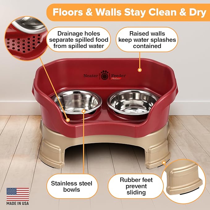 Neater Feeder Deluxe Mess-Proof Elevated Cat Bowls, 2 Height Adjustable (6” & 7.5”) No-Spill Raised Cat Bowl Stand, Whisker Friendly Stainless Steel Dishes for Indoor Cats, Made in USA, Cranberry
