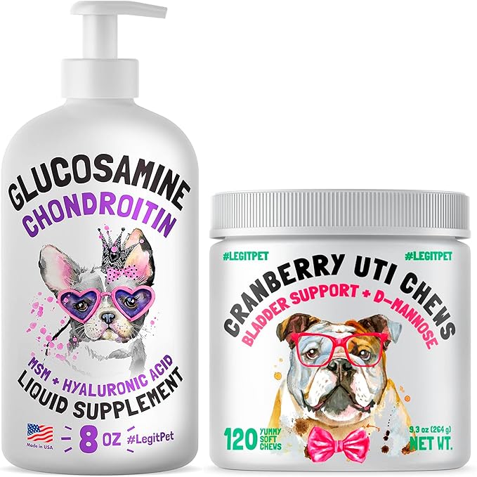 Cranberry UTI Chews for Dogs Bladder Suppot + D-Mannose Supports Kidney Urinary Tract 120 Chews and Liquid Glucosamine for Dogs Bacon Flavour with Chondroitin, MSM & Hyaluronic Acid 8 oz