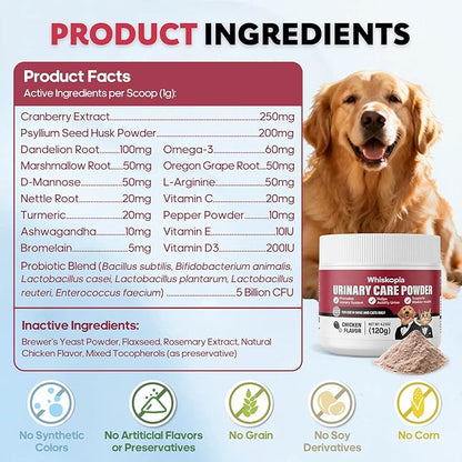 Powdered Cranberry Supplement for Dogs and Cats 120 Scoops UTI Treatment Powder with D-Mannose, Omega-3, Supports Pet Kidney Bladder Health Immune and Gut Support Bladder Control for Dogs