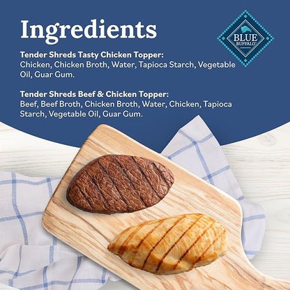 Blue Buffalo Tender Shreds Tasty Chicken Topper and Beef & Chicken Topper Natural Dog Food Complement, 2.5-oz. Pouch, 12-Count Variety Pack