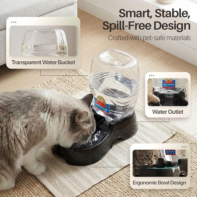 Flexzion Automatic Gravity Pet Waterer for Cat & Dog - Non-Skid & Easy-Clean Auto Replenish Water Dispenser Drinking Bowl (1/4 Gallon/ 900ml), Black