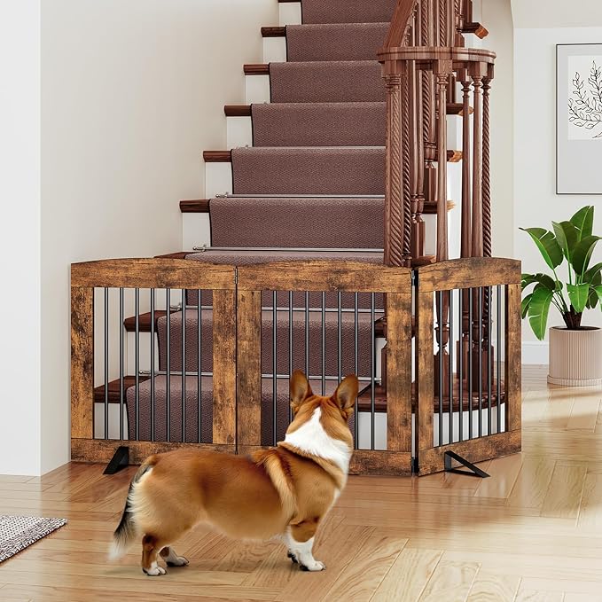 HOOBRO Indoor Dog Gate with Support Feet, Freestanding Pet Gate for Doorway, Stairs, 24 Inch 3 Panels, Folding Dog Fence, 360° Hinge for Easy Access, Sturdy Iron Pipe, Rustic Brown BF05PP03