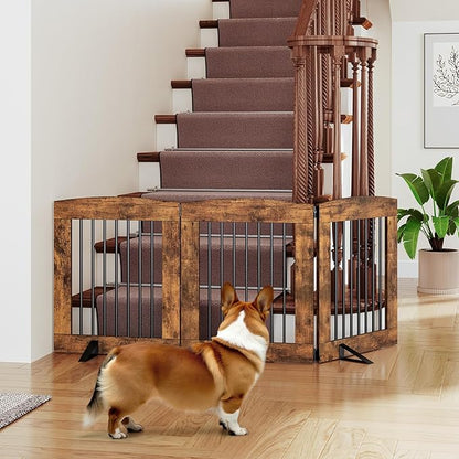 HOOBRO Indoor Dog Gate with Support Feet, Freestanding Pet Gate for Doorway, Stairs, 24 Inch 3 Panels, Folding Dog Fence, 360° Hinge for Easy Access, Sturdy Iron Pipe, Rustic Brown BF05PP03