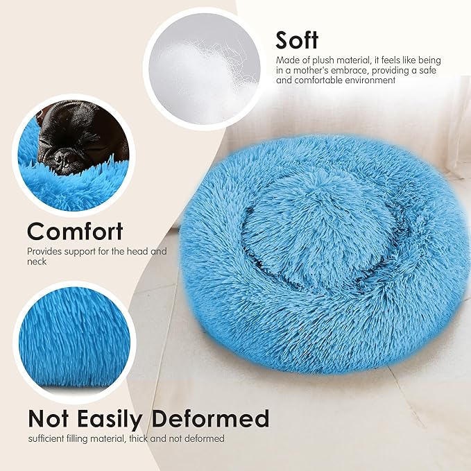Dogs Bed for Small Dogs, Anti-Anxiety Washable Round Bed (Light Blue, 24.0" L x 24.0" W x 8.0" Th)
