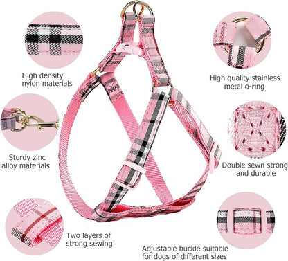 Cute Plaid Dog Collar Harness and Leash with Safety Buckle - Adjustable and No Pull Comfortable Dog Collars for Small Puppy, Stylish Durable Gift for Boy Girl Pets