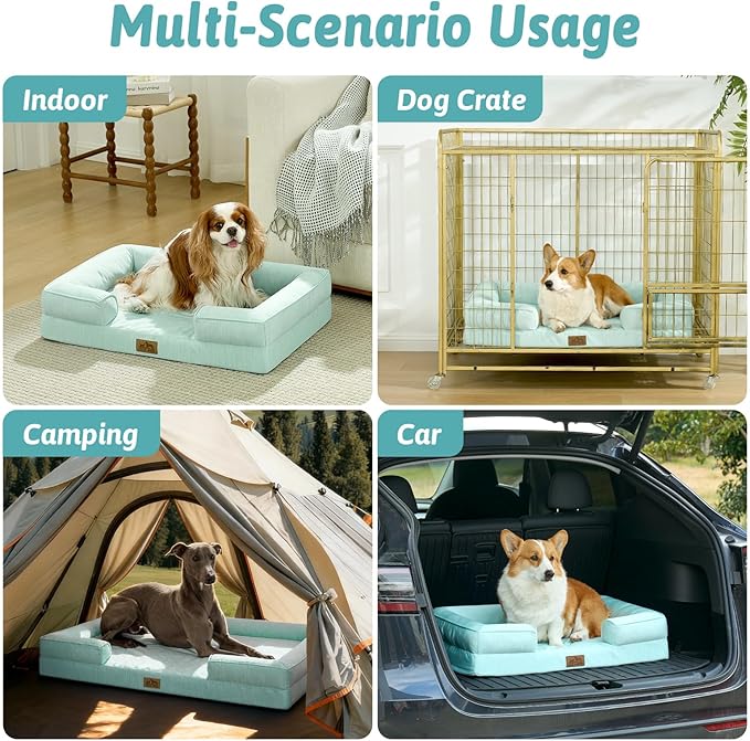 Cooling Dog Bed for Extra Large Dogs, Q-Max >0.4 Summer Cool Orthopedic Foam Pet Sofa Bed with Sides, Bolster Anti-Slip Couch with Washable Removable Cover, XXL 48x35x7.5 inch, Green