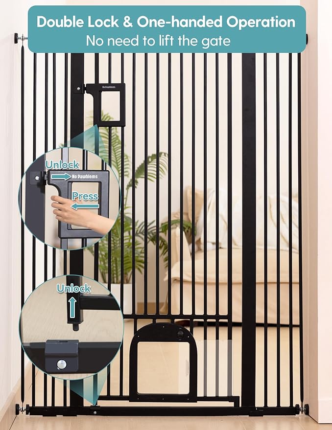 No Pawblems 55" Extra Tall Pet Gate with Adjustable Cat Door, 29-43" Auto Close Dog Gate, NO Drilling Pressure Mounted for Doorways/Hallways, 1.37" Narrow Bar Spacing, Black