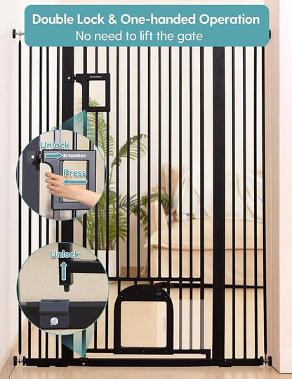 No Pawblems 55" Extra Tall Pet Gate with Adjustable Cat Door, 29-43" Auto Close Dog Gate, NO Drilling Pressure Mounted for Doorways/Hallways, 1.37" Narrow Bar Spacing, Black