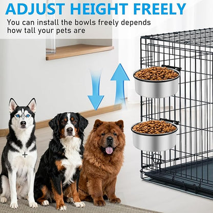 Dog Bowl for Crate, ShineMe 2 Pack 54oz & 34oz Nonslip Rubber Bottom Stainless Steel Food a Water Kennel Bowls Mountable on Cage Dog Hous