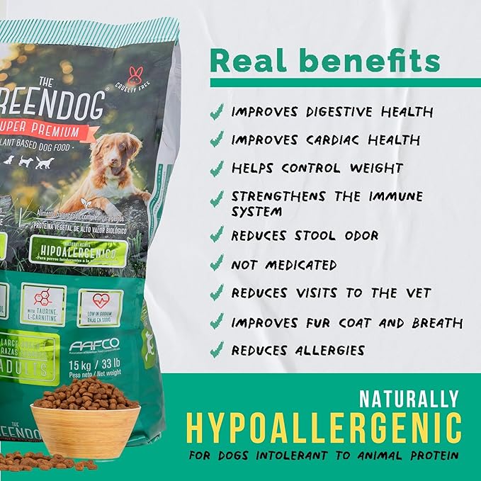 The Green Dog: Super Premium: Adult Regular Bite - 33 Lb Bag Dog Food - Plant Based Protein, Vegan Dry Pet Kibble, Gluten Free, Complete Nutrition