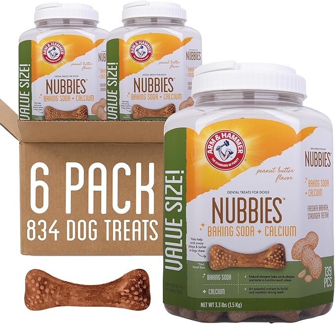Arm & Hammer for Pets Nubbies Dental Treats Value Size - Baking Soda & Calcium Dog Dental Chews, Helps Scrub Plaque & Tartar While Chewing, Peanut Butter Flavor, 139 Count, 52.8 Oz - 6 Pack