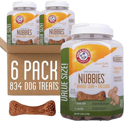 Arm & Hammer for Pets Nubbies Dental Treats Value Size - Baking Soda & Calcium Dog Dental Chews, Helps Scrub Plaque & Tartar While Chewing, Peanut Butter Flavor, 139 Count, 52.8 Oz - 6 Pack