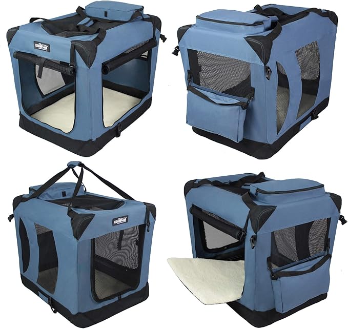 EliteField 3-Door Folding Soft Dog Crate with Carrying Bag and Fleece Bed (2 Year Warranty), Indoor & Outdoor Pet Home (36" L x 24" W x 28" H, Blue Gray)
