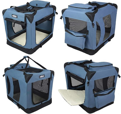 EliteField 3-Door Folding Soft Dog Crate with Carrying Bag and Fleece Bed (2 Year Warranty), Indoor & Outdoor Pet Home (20" L x 14" W x 14" H, Blue Gray)