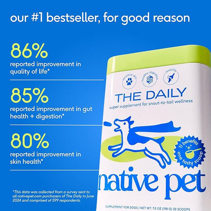 Native Pet The Daily Dog Vitamins & Supplements - 11-in-1 Multivitamin Powder for Dogs - Supports Whole Body Health, Digestion, Mobility & Immunity with Collagen, Glucosamine & Probiotics – 90 Scoops
